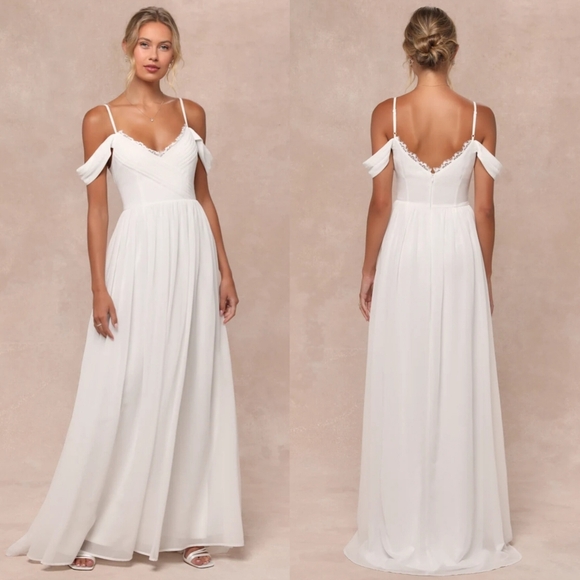 Lulus Marcelyn White Pleated Cold-Shoulder Maxi Dress S Wedding Party Bridal - Picture 1 of 10